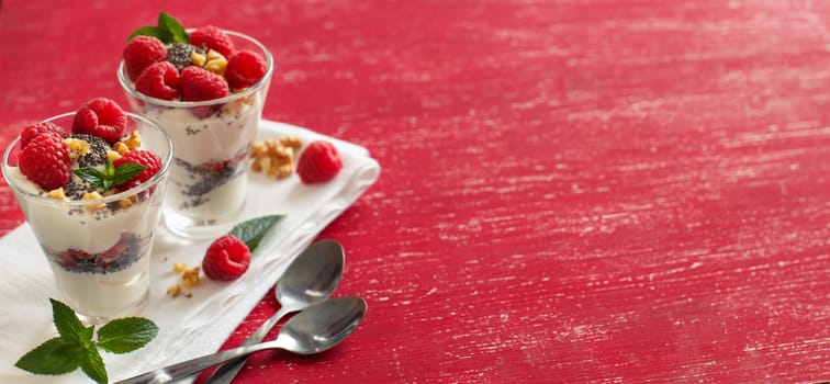 Yogurt with chia seeds, walnuts, mint and raspberries on red background