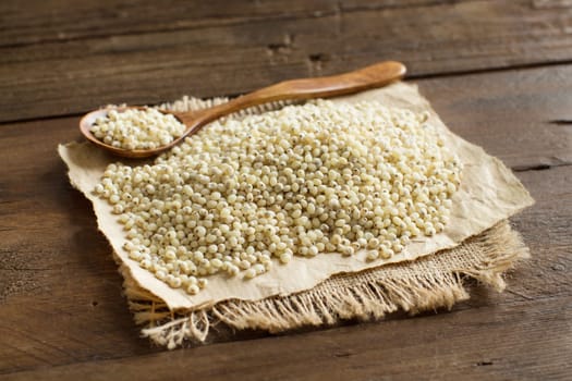 White Sorghum grain with a spoon close up