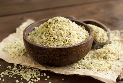 Pile of Uncooked Hemp seeds in a bowl with a spoon