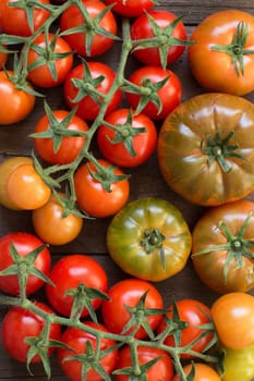 Fresh costoluto and cherry tomatoes on a wooden background