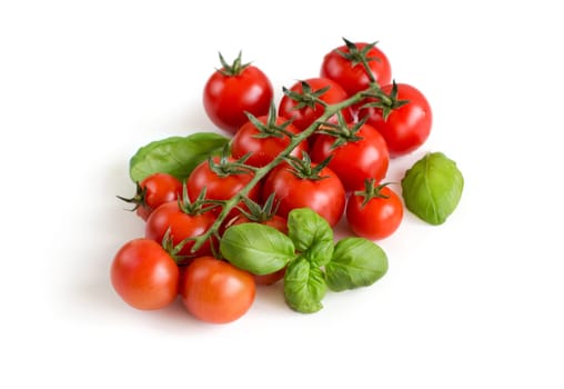 Cherry tomatoes and basil isolated on white background