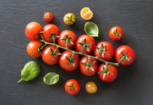 Fresh cherry tomatoes and basil top view on a dark background