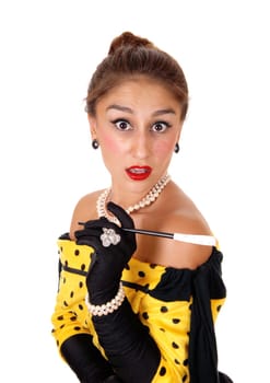 A beautiful young woman in a yellow dress and black gloves holding a.cigarette, isolated for white background..