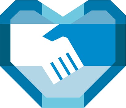 Illustration of hand shaking forming a heart shape viewed from the side set on isolated white background done in retro style.