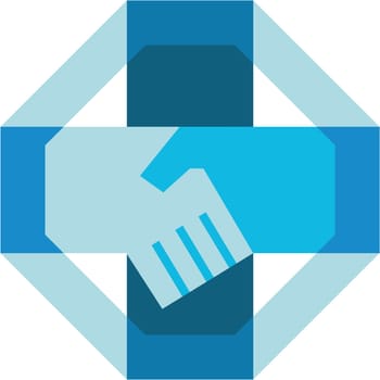 Illustration of hand shaking forming a cross viewed from the side set inside octagon shape done in retro style.