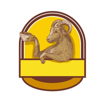 Drawing sketch style illustration of a ram goat drinking coffee viewed from the side set inside crest.