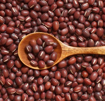 Raw azuki beans with a spoon close up