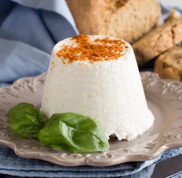 Italian ricotta cheese and homemade bread and basil isolated on white