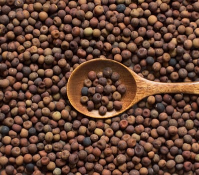 Raw organic roveja beans with a spoon on a wooden table