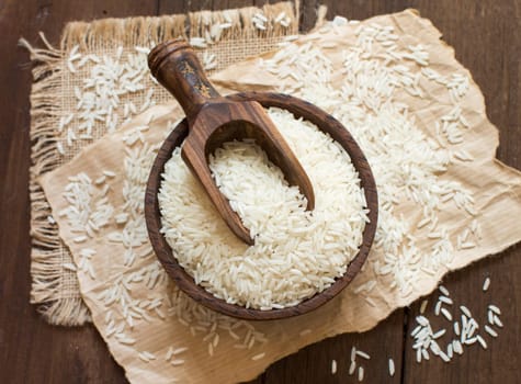 Pile of Basmati rice in a bowl with a spoon close up