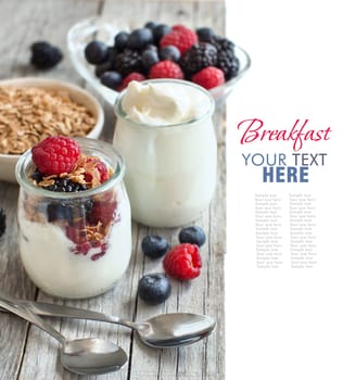 Healthy breakfast with Fresh greek yogurt, flakes and berries