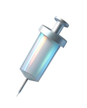A futuristic, holographic 3D icon of a syringe, isolated on white background, symbolizing healthcare, vaccinations, injections, and medical treatments.