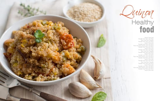 Cooked Quinoa with vegetables and shrimps in a bowl