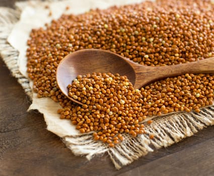 Whole brown millet pile with a spoon close up