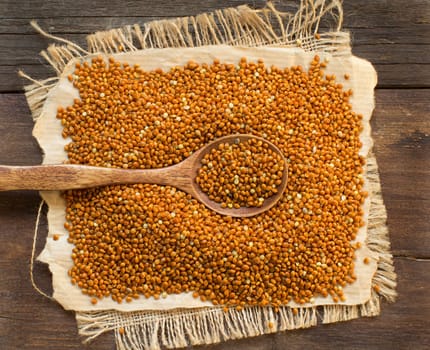 Whole brown millet pile with a spoon top view