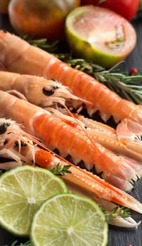 Raw langoustines with vegetables and herbs on the dark background