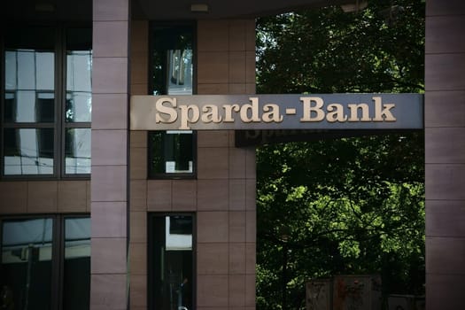 Bremen,Germany - August 30,2016: The modern exterior façade of the Sparda Bank building with windows and pillars on August 30,2016 in Bremen.