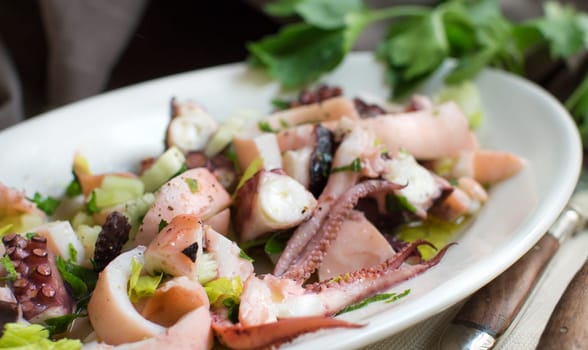 Seafood salad made of different seafood and vegetables