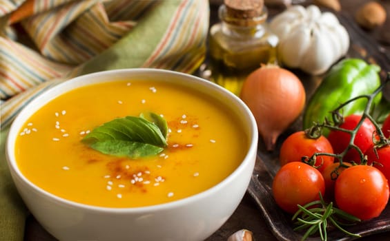 Fresh pumpkin soup with a spoon and vegetables on a wooden table