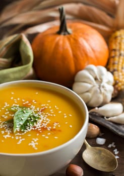 Fresh pumpkin soup and vegetables on a wooden table