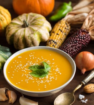 Fresh pumpkin soup with a spoon and vegetables on wood