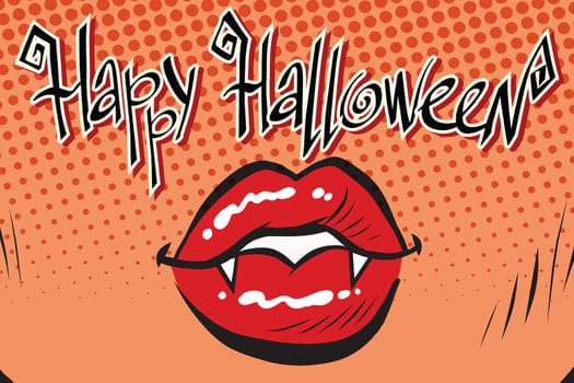 Happy Halloween mouth female vampire, pop art retro vector illustration
