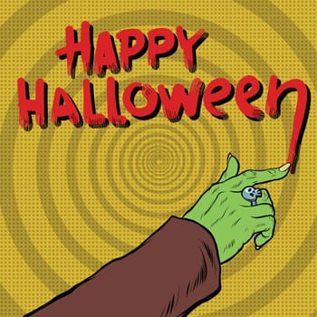 Happy Halloween monster draws blood, pop art retro vector illustration. Green hand