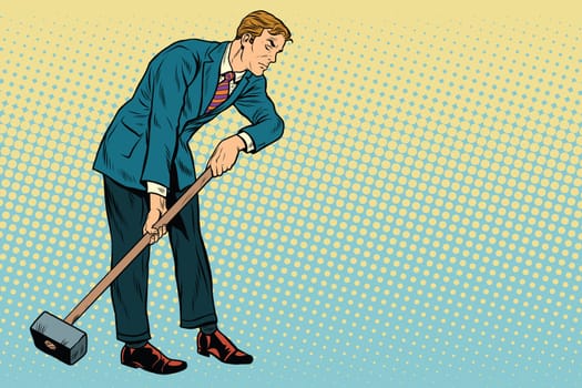 Retro businessman with a big hammer, copy space right, pop art vector illustration