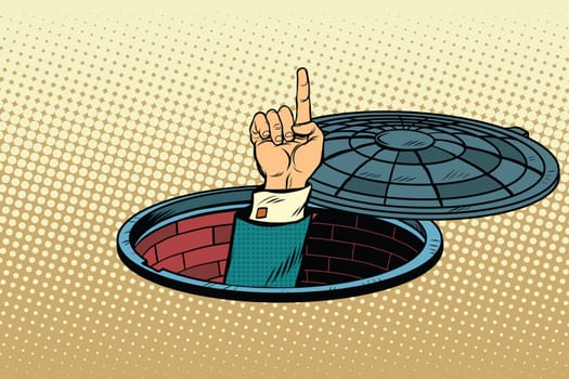 Index finger from manhole, pop art retro vector illustration