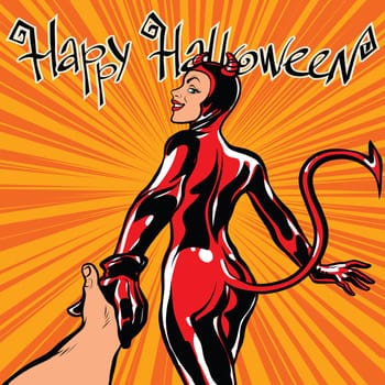 Happy Halloween devil girl follow me, pop art retro vector illustration. Carnival and celebration