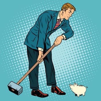 Retro businessman wants to take down a small pig piggy Bank, pop art retro vector illustration