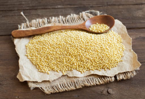 Raw millet with a spoon on burlap