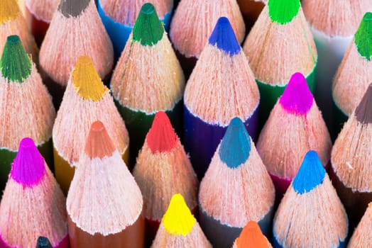 Close up macro shot of colouring pencils, education and creativity concept