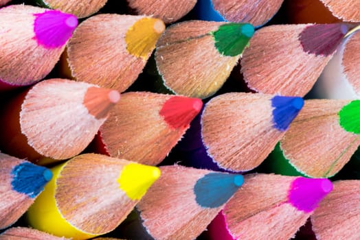 Close up macro shot of colouring pencils, education and creativity concept