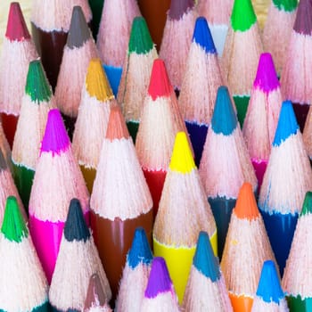 Close up macro shot of colouring pencils, education and creativity concept
