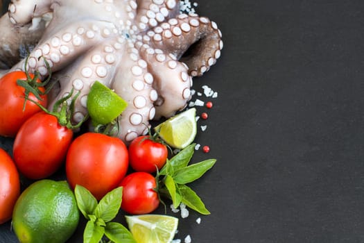 Raw octopus with lime, tomatoes and basil over dark background