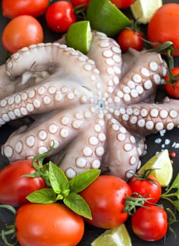 Raw octopus with lime, tomatoes and basil over dark background