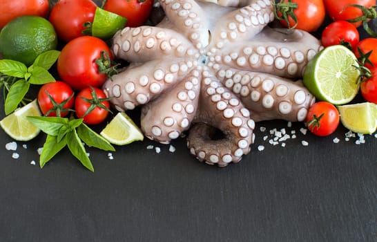 Raw octopus with lime, tomatoes and basil over dark background