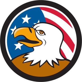 Illustration of an american bald eagle head smiling viewed from the side with usa american stars and stripes flag in the background set inside circle done in cartoon style.