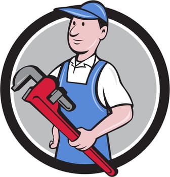 Illustration of a handyman wearing hat looking to the side holding pipe wrench viewed from front set inside circle on isolated background done in cartoon style.