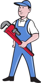 Illustration of a handyman wearing hat looking to the side standing holding pipe wrench viewed from front set on isolated white background done in cartoon style.