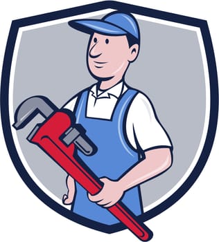 Illustration of a handyman wearing hat looking to the side holding pipe wrench viewed from front set inside crest shield on isolated background done in cartoon style.