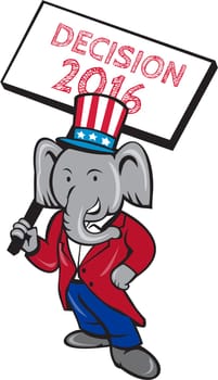 Illustration of an American Republican GOP elephant mascot standing wearing suit and stars and stripes hat holding placard sign with the words Decision 2016 set on isolated white background done in cartoon style. .