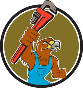 Illustration of a hawk plumber holding wrench spanner set inside circle on isolated background done in cartoon style.