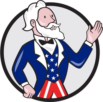 Illustration of Uncle Sam wearing american stars and stripes suit waving hand looking to the side viewed from the side set inside circle on isolated background done in cartoon style.