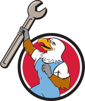 Illustration of a american bald eagle mechanic holding spanner looking to the side set inside circle on isolated background done in cartoon style.
