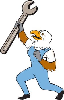 Illustration of a mechanic american bald eagle holding spanner standing with one leg bent looking to the side set on isolated white background done in cartoon style.