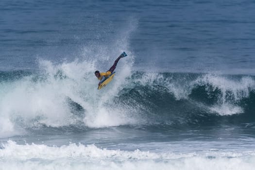 VIANA DO CASTELO, PORTUGAL - SEPTEMBER 22, 2016: Socrates Santana (BRA) during  the Viana World Bodyboard Championship 2016.