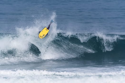VIANA DO CASTELO, PORTUGAL - SEPTEMBER 22, 2016: Socrates Santana (BRA) during  the Viana World Bodyboard Championship 2016.