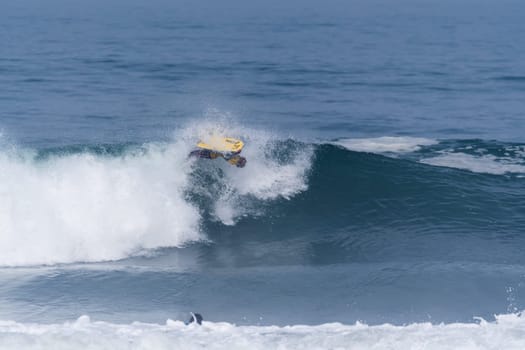VIANA DO CASTELO, PORTUGAL - SEPTEMBER 22, 2016: Socrates Santana (BRA) during  the Viana World Bodyboard Championship 2016.